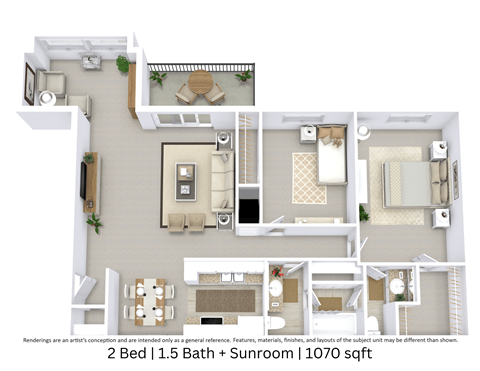 Floor plan for 2 beds, 1.5 baths, 1070 sqft